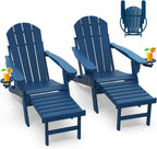 GREENVINES Adirondack-Chairs-with-Ottoman | Set of 2 | Folding | Retractable-Footrest | HDPE Plastic | All Weather Fire Pit Chair | Cup Holders | Blue | for Outdoor Poolside