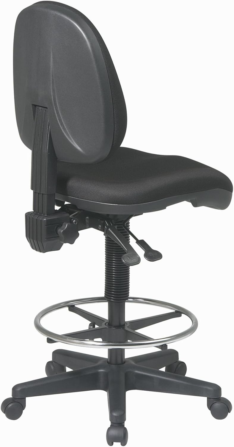 Office Star DC Series Deluxe Ergonomic Adjustable Padded Drafting Chair with 18.5 Inch Chromed Footring and Dual Wheel Carpet Casters, Icon Black Fabric