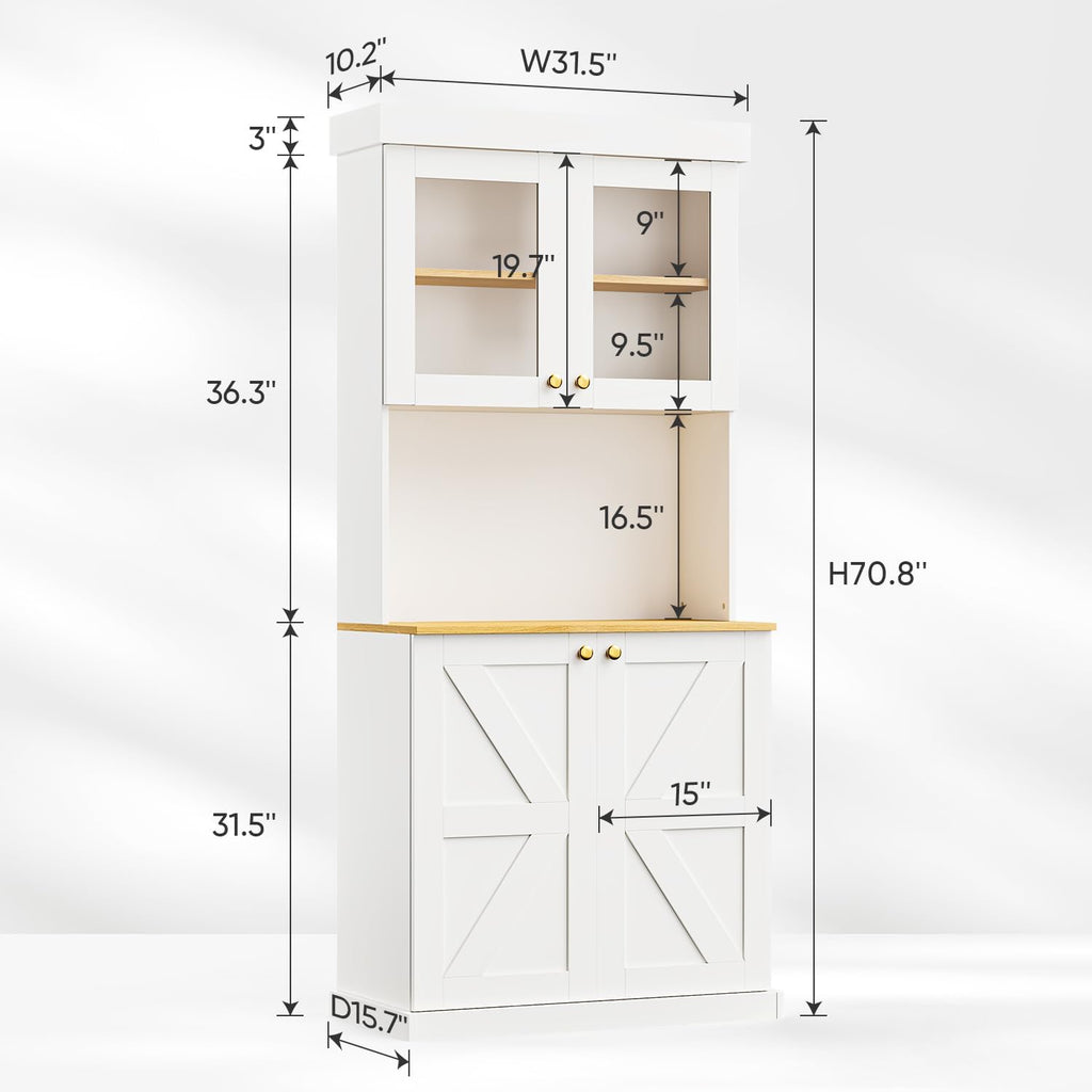 ivaniti 71" Tall Farmhouse Kitchen Pantry, Large Storage Cabinet with Glass Doors, Freestanding Coffee Bar Hutch with Microwave Stand, Adjustable Shelves for Kitchen, Living Room, White, Set of 2