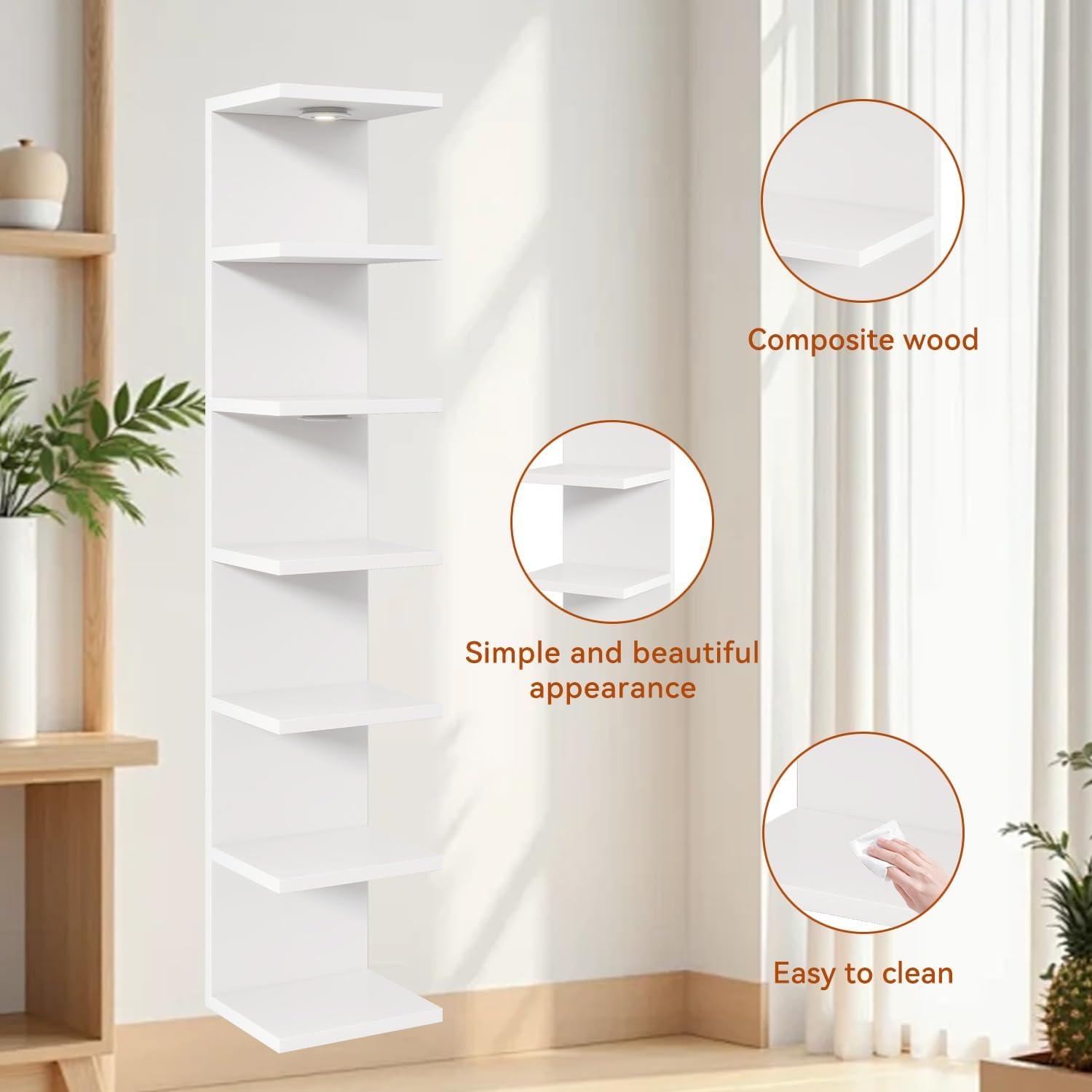 IBUYKE 7 Tier Wall Shelf Unit Floating Shelves with LED Lights,Lack Shelf for Wall Storage,Wall Mounted Vertical Display Shelf for Bedroom,Office,Bathroom White WBC017W