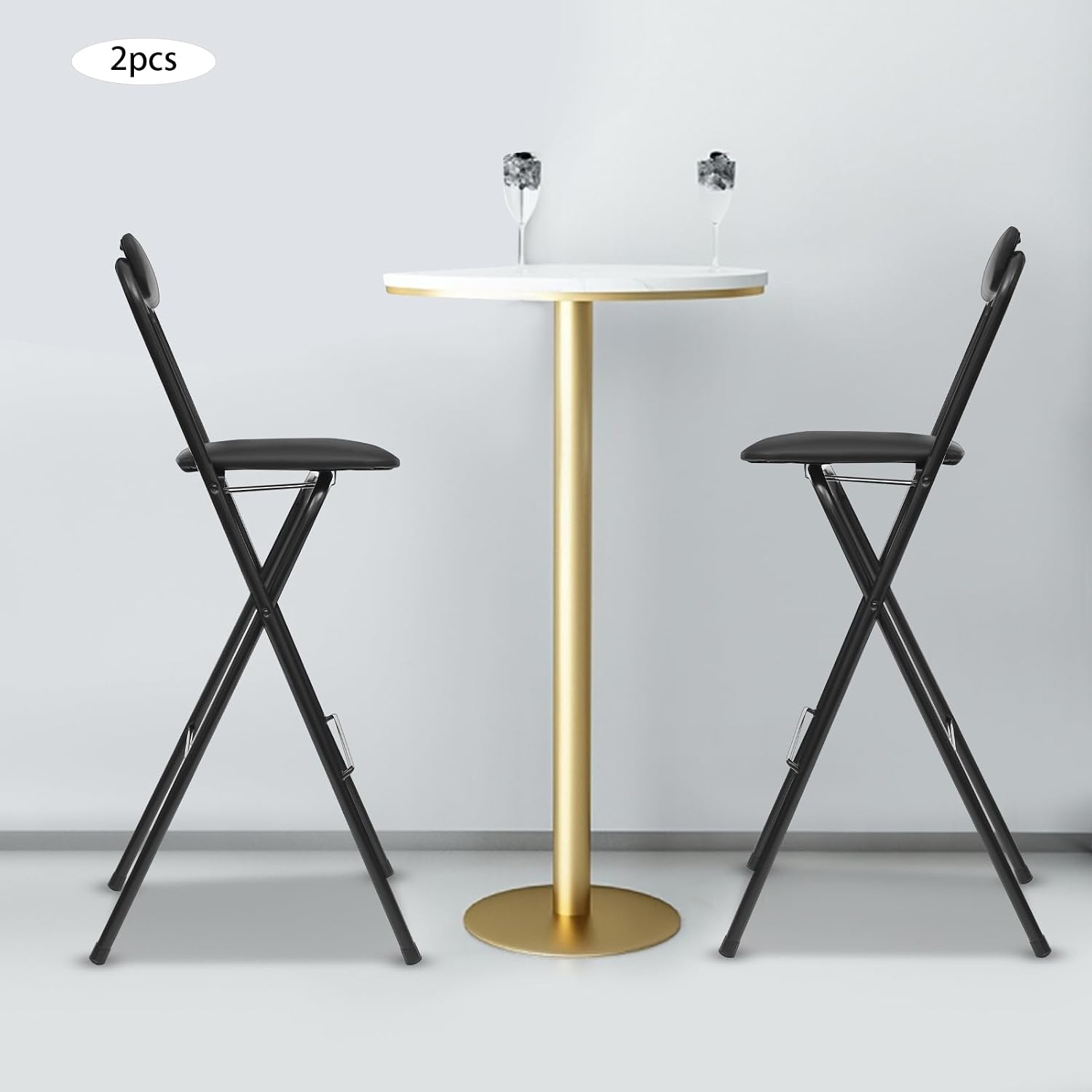 2-PCS Black Modern Freestanding Stool Set, 125 kg Max Load Capacity Foldable Design with PU Cushion Sturdy and Easy to Store for Kitchen Island, Shop, Cafe, Dining Room