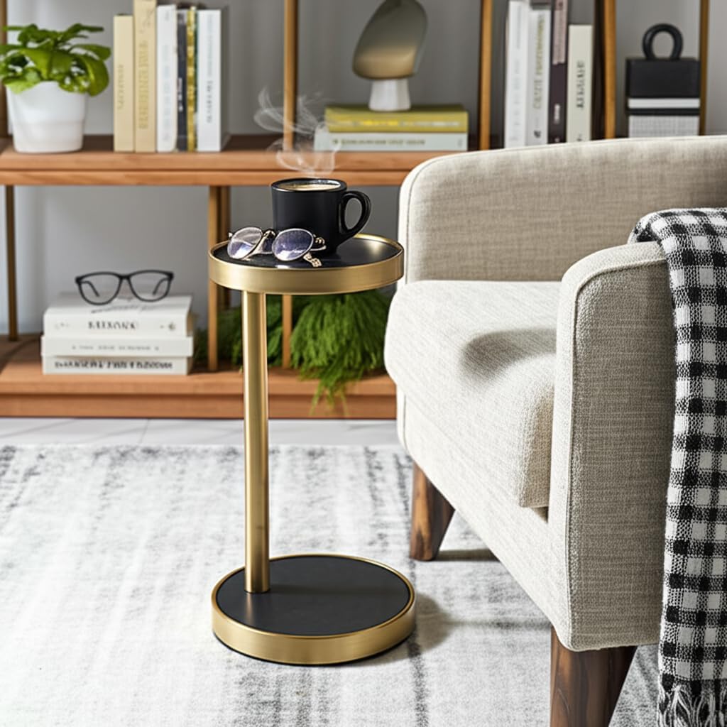 Slim End Table, Side Table, or Night Stand for Home Decor - Elegant Metal Drink Table with Marble Top for Office, Living Room, or Bedroom Decor - A Compact Accent for Small Spaces - 23" Black & Gold