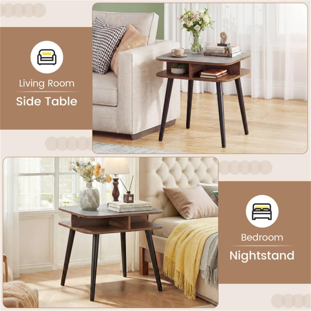 Faux Marble Side Table with 4-Sided Storage Shelves, 24" Square End Table with Rubber Wood Legs for Living Room Bedroom, Grey