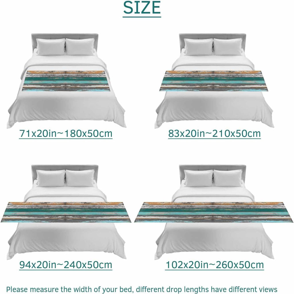 Teal Orange Grey Bed Runners for Queen Size Beds, Decorative Bed Throws for Foot of Beds, Luxury Bedding Protector Slipcover Farmhouse Vintage Wooden Bedrunners & Scarves for Bedroom Hotel, 94"x20"