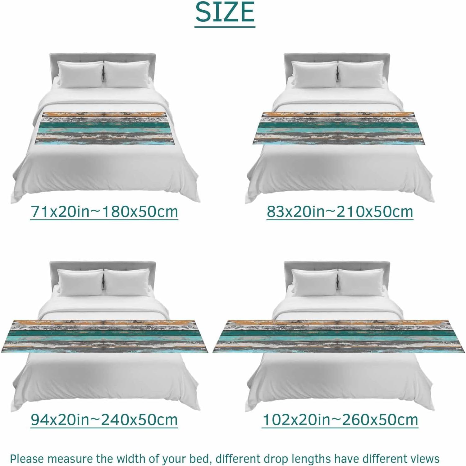 Teal Orange Grey Bed Runners for Queen Size Beds, Decorative Bed Throws for Foot of Beds, Luxury Bedding Protector Slipcover Farmhouse Vintage Wooden Bedrunners & Scarves for Bedroom Hotel, 94"x20"