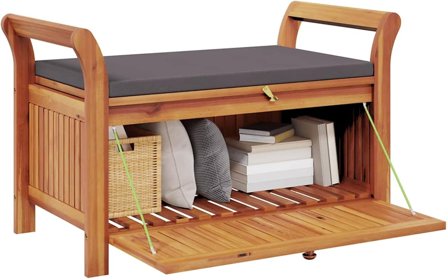 Gecheer Garden Storage Bench with Cushion – 91 cm Solid Acacia Wood Outdoor Bench with Ample Storage Space and Dark Grey Foam Cushion