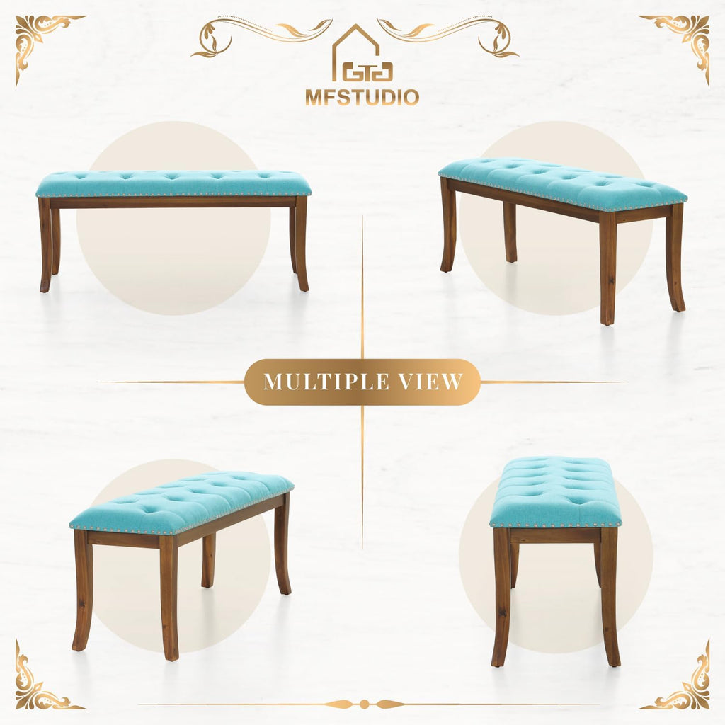 MFSTUDIO 44" Vintage Tufted Entryway Bench, Extra Large Memory Foam Upholstered Wood Ottoman Bench Dining Bench, Rectangle Tufted Fabric Bench for Living Room Hallway, Light Blue Cushion