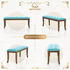 MFSTUDIO 44" Vintage Tufted Entryway Bench, Extra Large Memory Foam Upholstered Wood Ottoman Bench Dining Bench, Rectangle Tufted Fabric Bench for Living Room Hallway, Light Blue Cushion