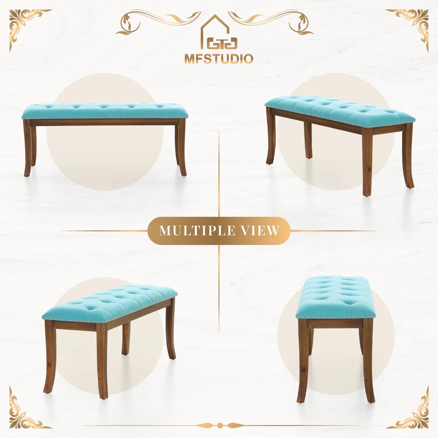 MFSTUDIO 44" Vintage Tufted Entryway Bench, Extra Large Memory Foam Upholstered Wood Ottoman Bench Dining Bench, Rectangle Tufted Fabric Bench for Living Room Hallway, Light Blue Cushion
