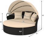 HAPPYGRILL Round Outdoor Daybed with Canopy, Wicker Rattan Sectional Sofa with Cushions, Patio Conversation Set for Lawn Garden Backyard Poolside (Black Beige No Table)