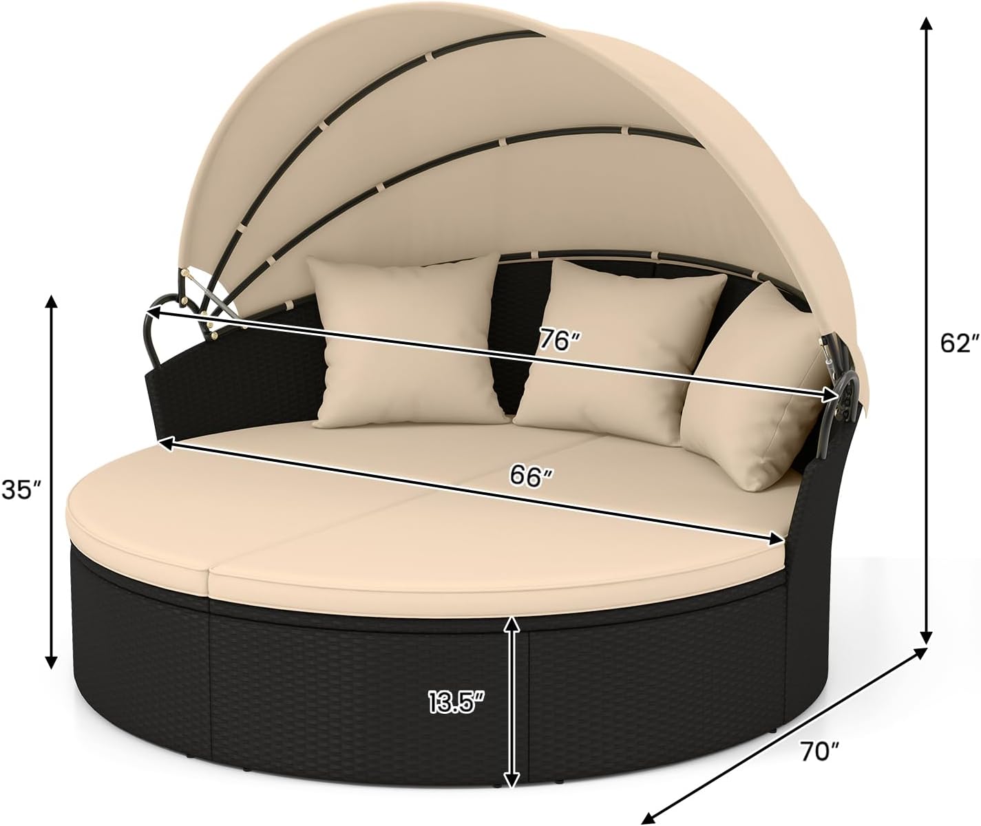 HAPPYGRILL Round Outdoor Daybed with Canopy, Wicker Rattan Sectional Sofa with Cushions, Patio Conversation Set for Lawn Garden Backyard Poolside (Black Beige No Table)