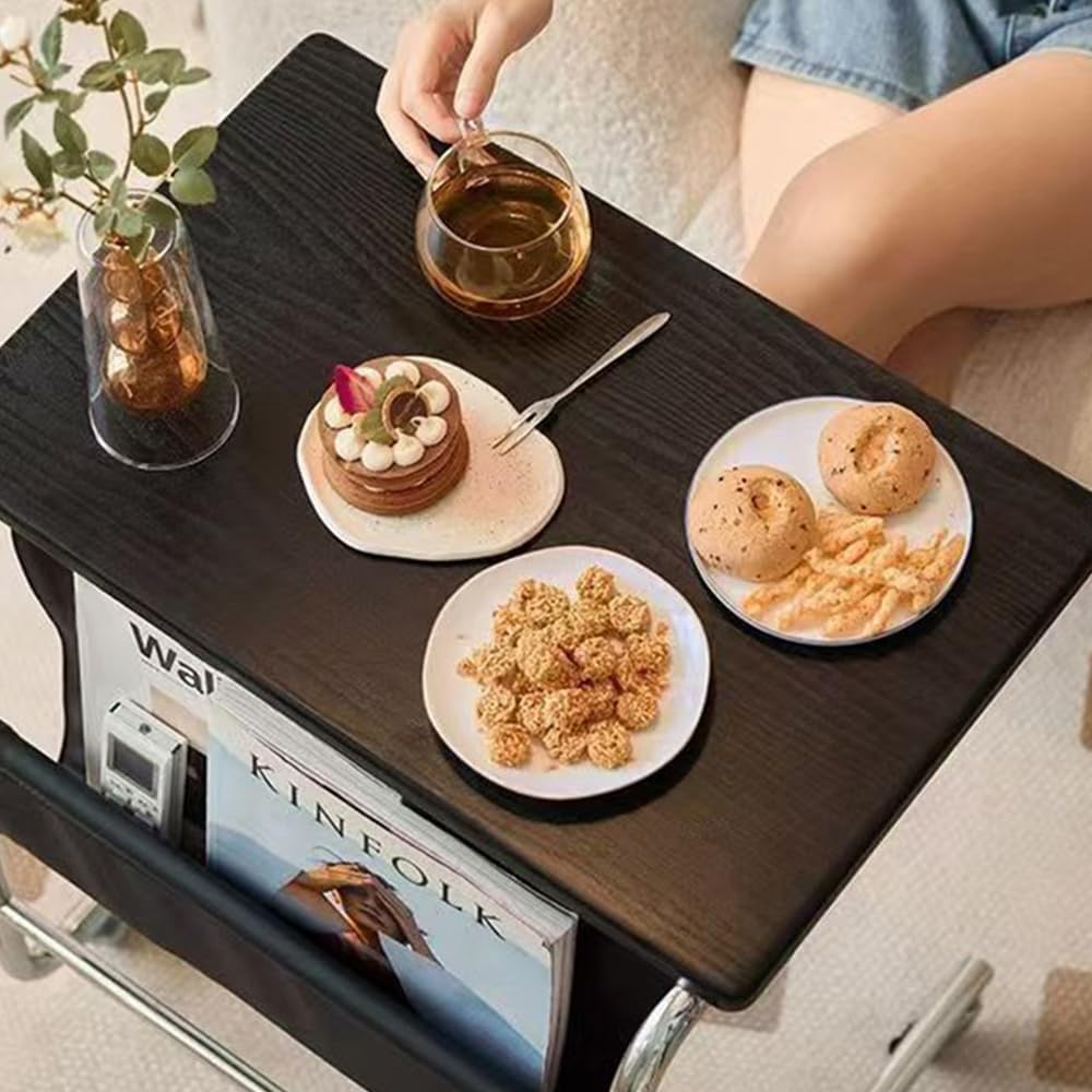C Shaped End Table Side Table with Wheels C Shape for Couch, Sofa with PU Storage Bag Laptop Recliner Tables for Living Room Bedroom (Brown)