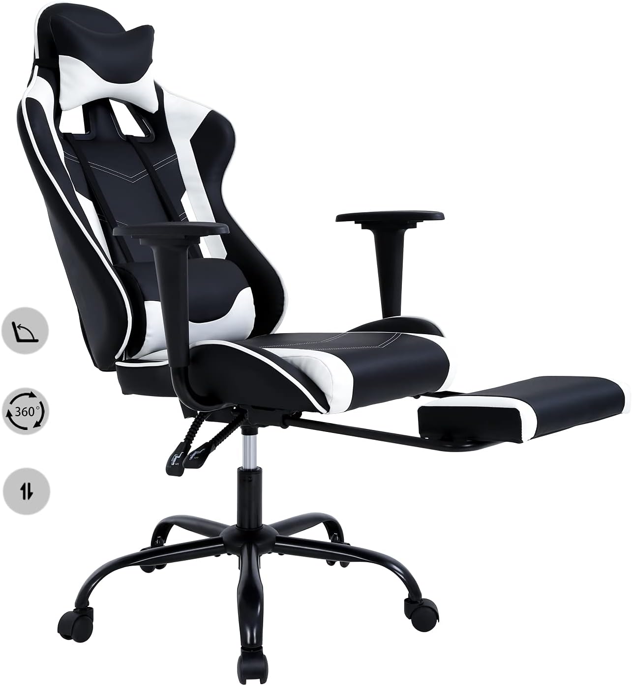 HCB Gaming Chair, Computer Office Chair, Ergonomic Desk Chair Height Adjustable Recliner Swivel High Back with Lumbar Support, Footrest, Headrest, Racing Style （White）