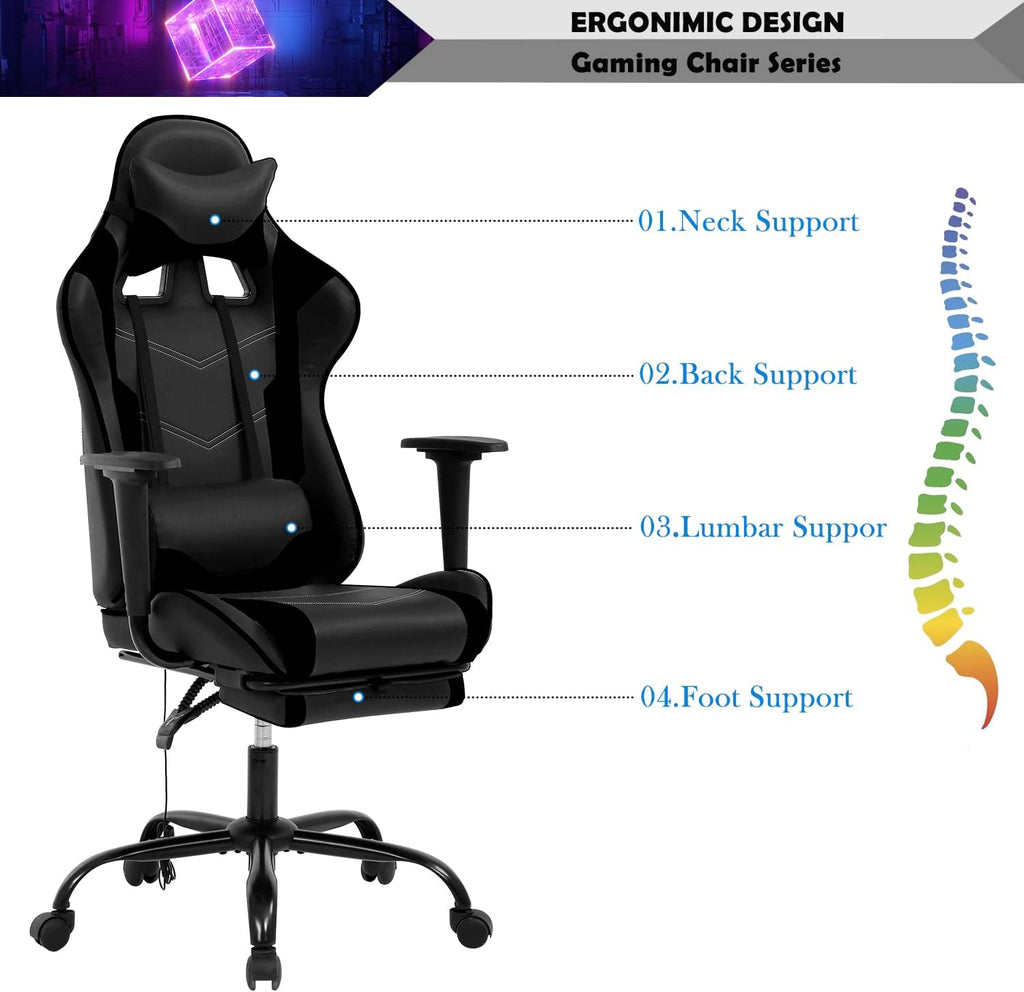 Black Gaming Chair with Footrest, PU Leather Gaming Chairs for Adults, High Back Comfy Office Chair Ergonomic Desk Chair Computer Chair, Reclining Gamer Chair, Height & Backrest Adjustable, 300 Lbs