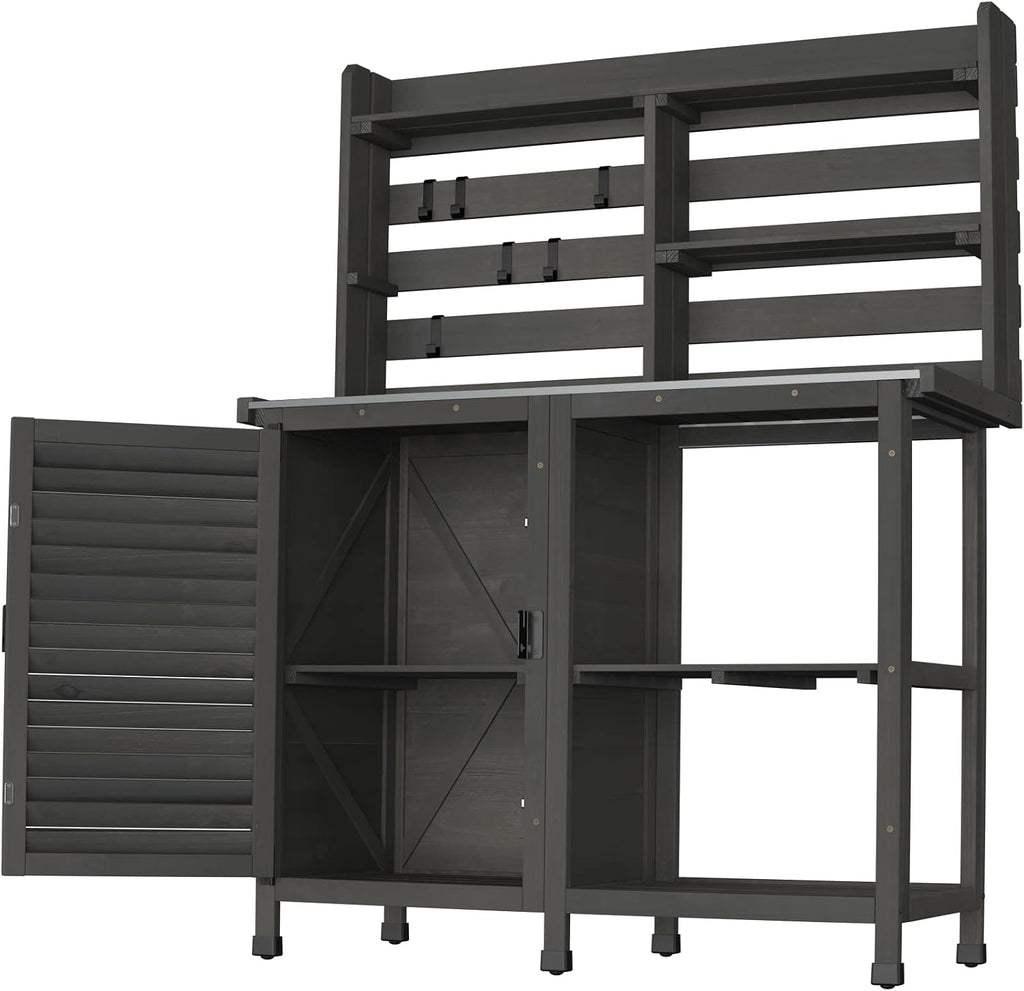 GDLF Potting Bench Table Large Garden Outdoor Work Bench Metal Tabletop Workstation with Storage Cabinet Shelf Dark Grey