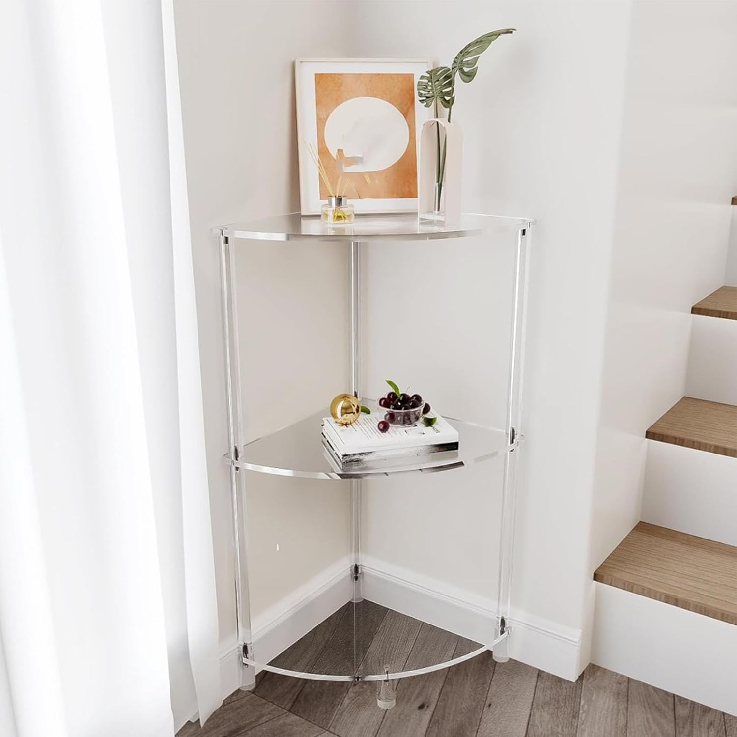 Corner Shelf, 3 Tier Acrylic Corner Side Table, 25.6 inch Standing Triangle End Table, Modern Home Display and Storage Shelf, Small Bedside Tables for Bedroom, Living Room,