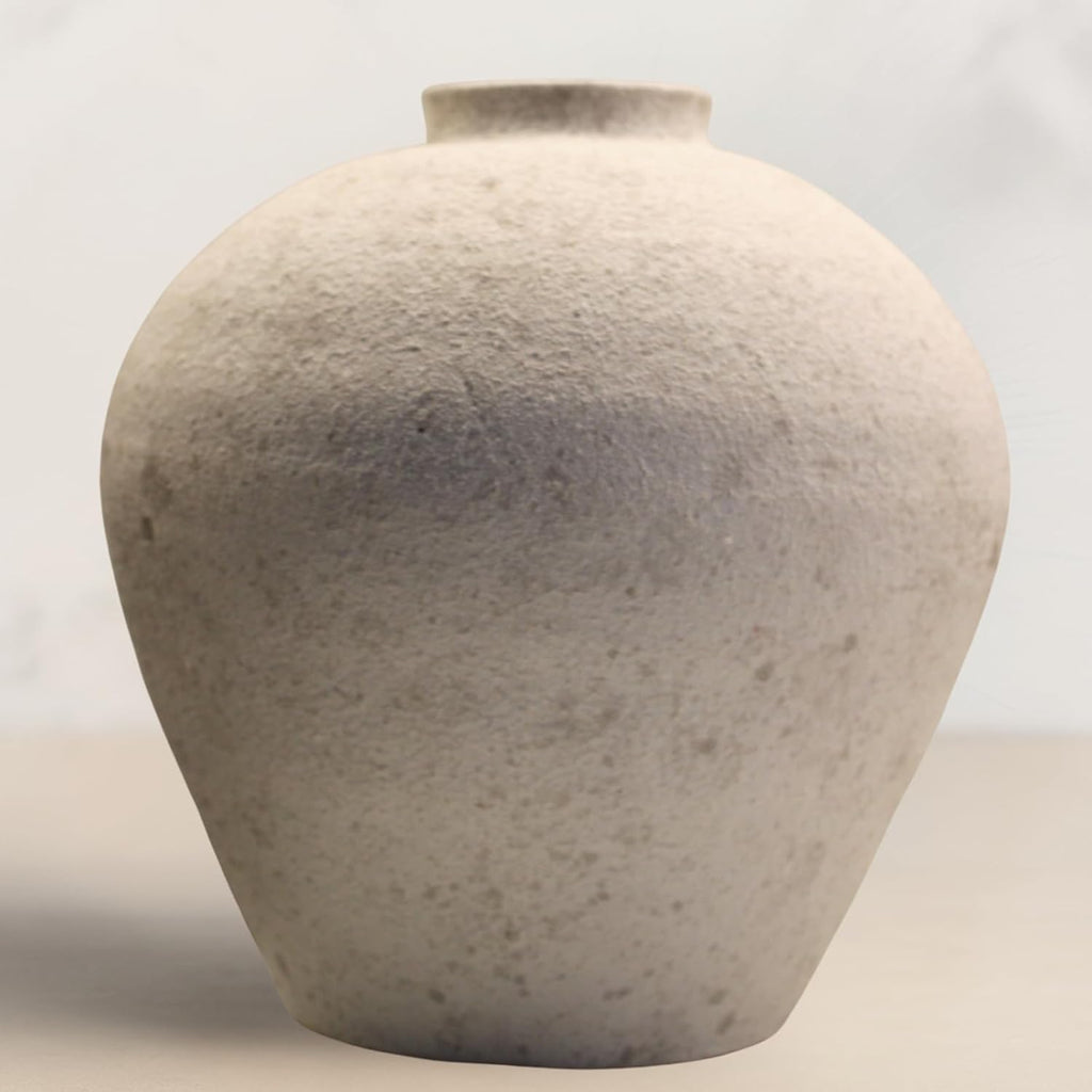 Handemade Large Round Vase for Centerpieces, White Rustic Vase Farmhouse Decor, Distressed Textured for Home Decorations, Earthy Room Decor Aesthetic, Stone Look Ceramic Clay Pottery, 9 inch