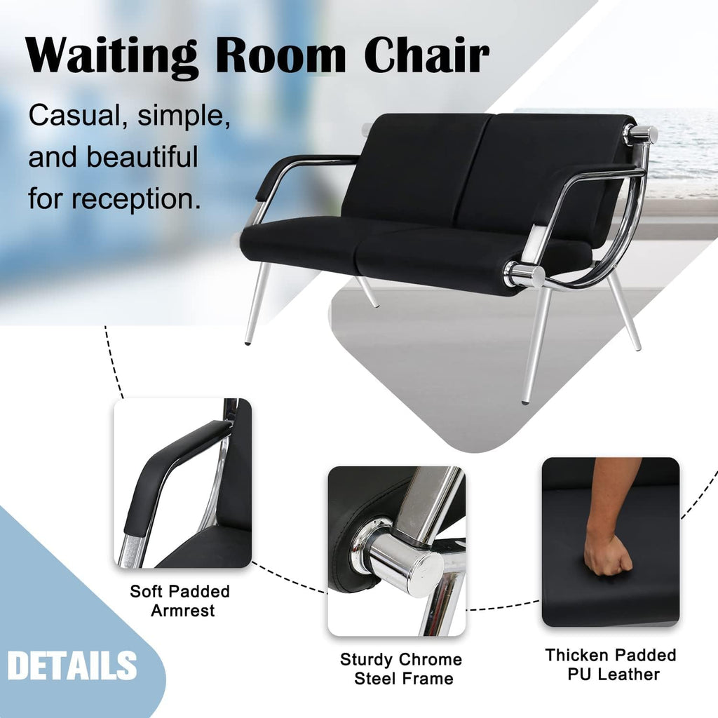 kinbor Waiting Room Chair - 2 Seat Office Guest Reception Bench with Arms, PU Leather Lobby Furniture Reception Chair for Business Salon Bank Hospital Airport, Black