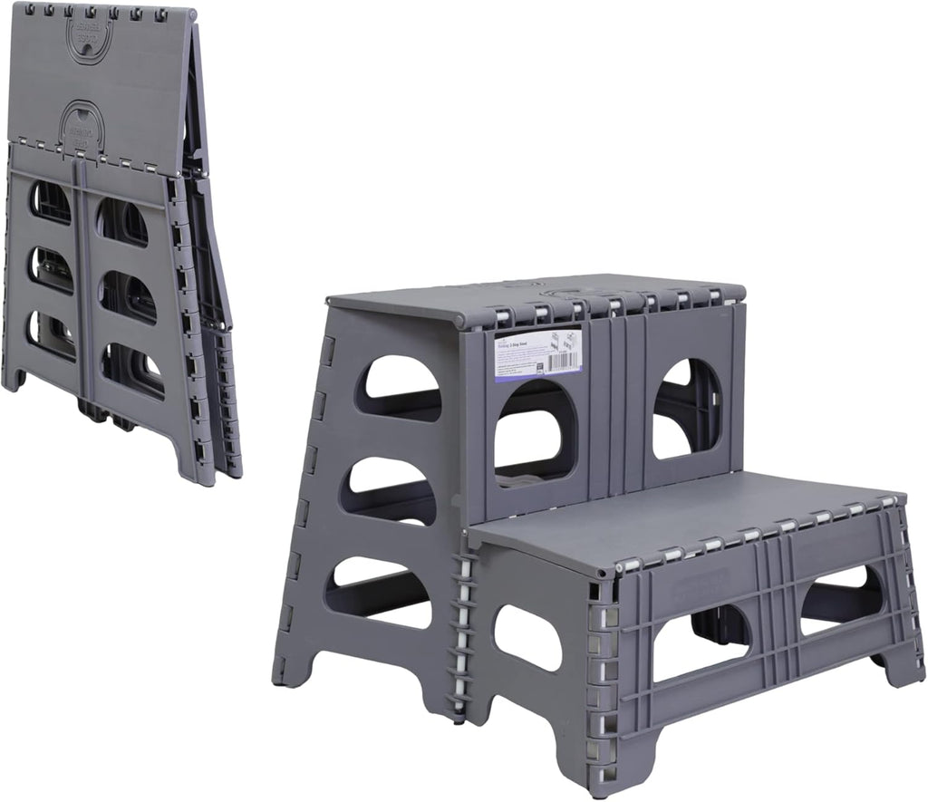 Bee Neat Folding 2 Step Stool for Adults, Kids, Toddlers - Collapsible & Foldable Step Ladder for Kitchen, Bathroom or Bedroom - Non-Slip & Wide Stepping Stool Supports 200lbs - Gray