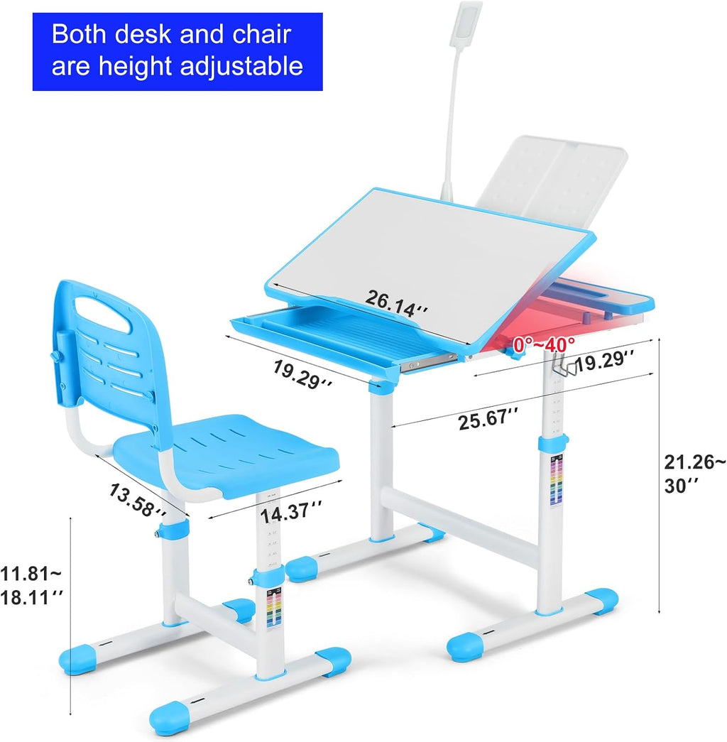Artist hand Kids Desk and Chair Set, Ergonomic Height Adjustable Kids Desk with Tiltable Desktop, LED Light & Pull-Out Drawer, Kids Drawing Table Study Desk for Kids 3-12 Boys Girls, Blue