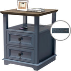 REDAYFUR End Table with Fast USB C Charging Station, 18" Wide Tall Sofa Side Table with 2 Drawers, Large Storage Rustic Wood Square Storage Cabinet for Living Room, Bedroom, Office, Blue