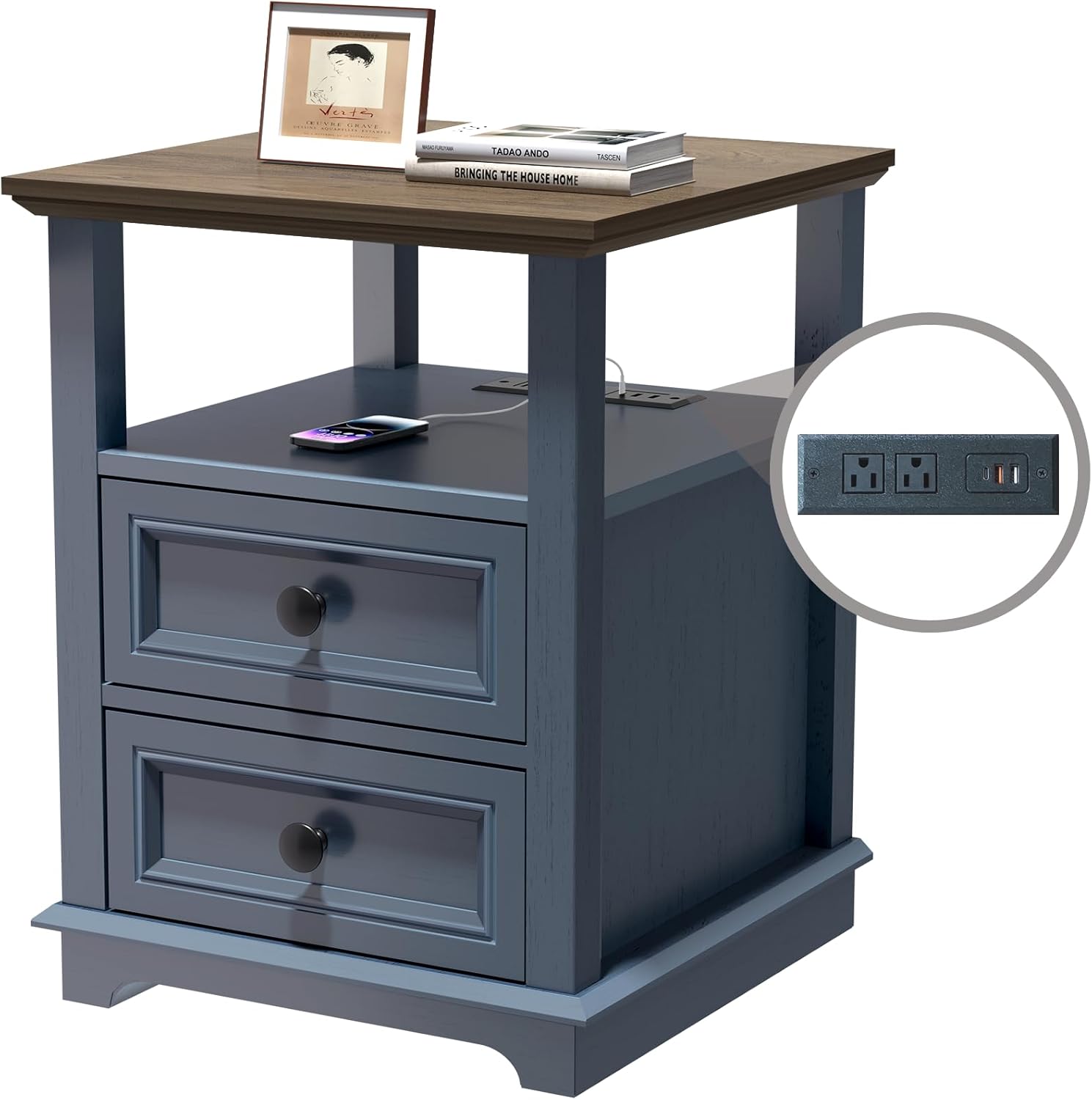REDAYFUR End Table with Fast USB C Charging Station, 18" Wide Tall Sofa Side Table with 2 Drawers, Large Storage Rustic Wood Square Storage Cabinet for Living Room, Bedroom, Office, Blue