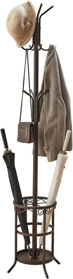 GHWIE Coat Rack Freestanding, Coat Tree with Umbrella Holder, Metal Coat Rack Stand with 12 Hooks, Standing Coat Hanger Stand, Umbrella Stand for Entryway, Hat Rack Stand for Home Office, Brown