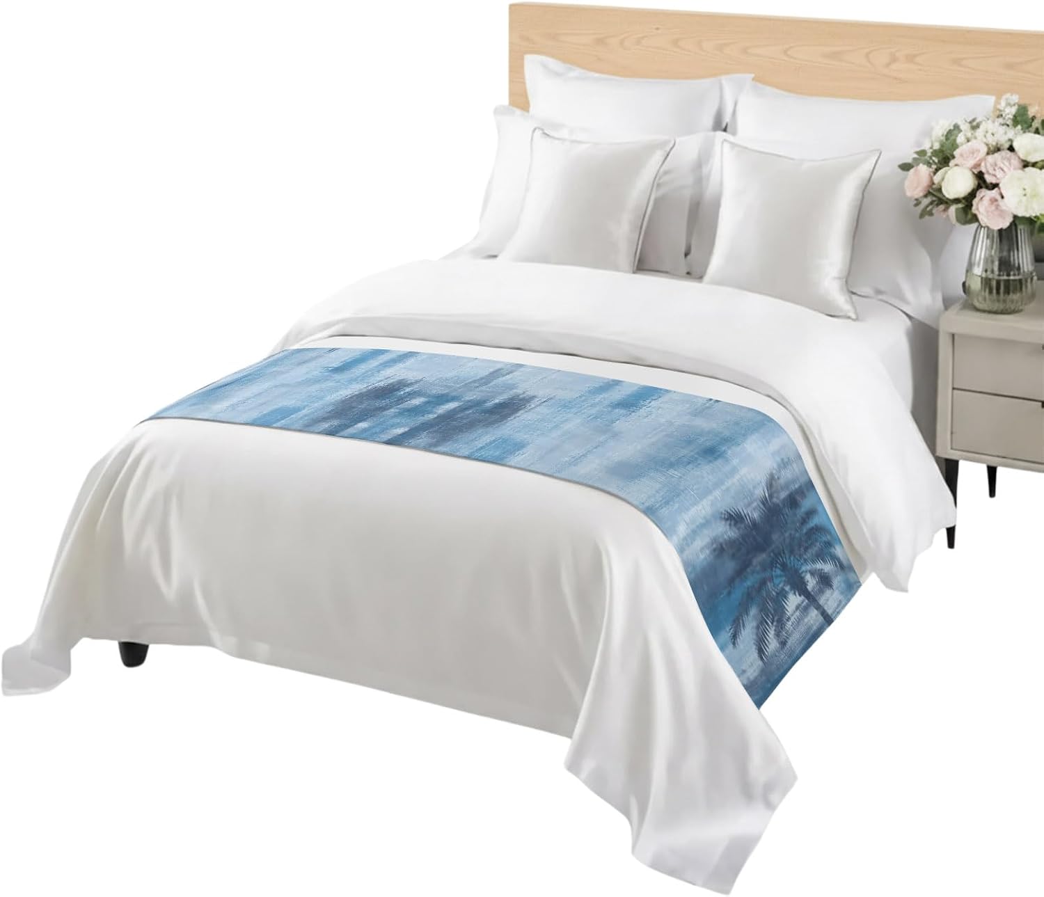 Navy Blue Palm Tree Bed Runner Scarf King Size, Coastal Tropical Trees Vintage Summer Luxury Bed Throw Runners & Scarves for Twin Full Queen King Foot of Beds, Hotel Decoration, 94"x20"