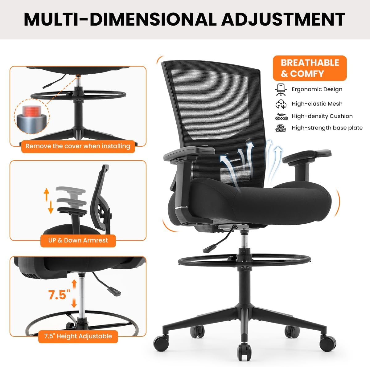 500lbs Drafting Chair,Big and Tall Office Chair for Standing Desk with Wide Seat,2D Adjustable Lumbar Support,Ergonomic Office Chair with Footrest for Home,Drawing or Counter Height Use