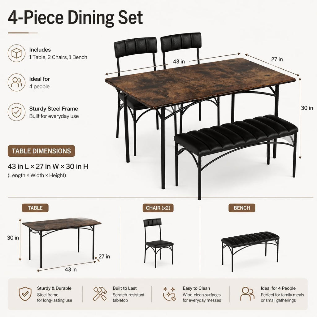 4 EVER WINNER Dining Table Set for 4, Kitchen Table with Upholstered Chairs and Bench, 4-Piece Kitchen Table and Chairs for Small Spaces, Dining Room, Rustic Brown