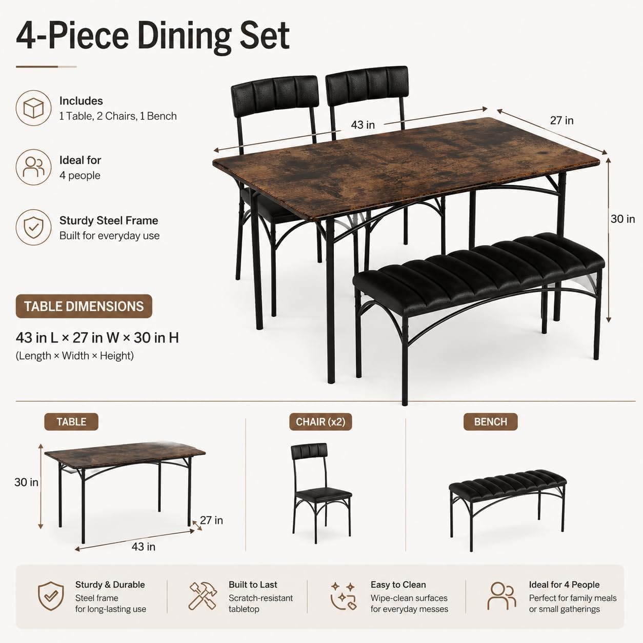 4 EVER WINNER Dining Table Set for 4, Kitchen Table with Upholstered Chairs and Bench, 4-Piece Kitchen Table and Chairs for Small Spaces, Dining Room, Rustic Brown