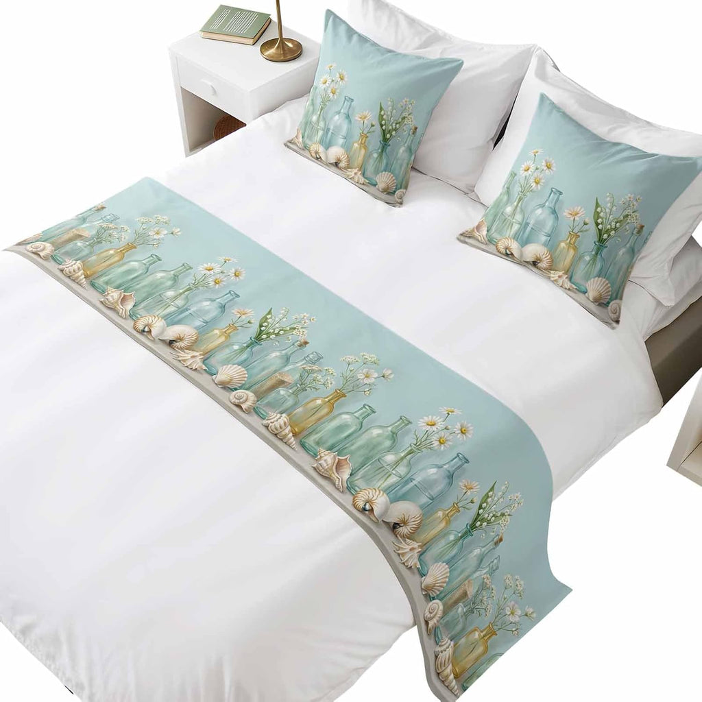Nautical Conch Shell Bed Runners for Cal King Size Beds Sea Glass Bottles Coastal Floral Bed Scarf Matching Decorative Throw Pillow Covers Hotel Beds End Blanket Towel Bedspread Protection for Bedroom