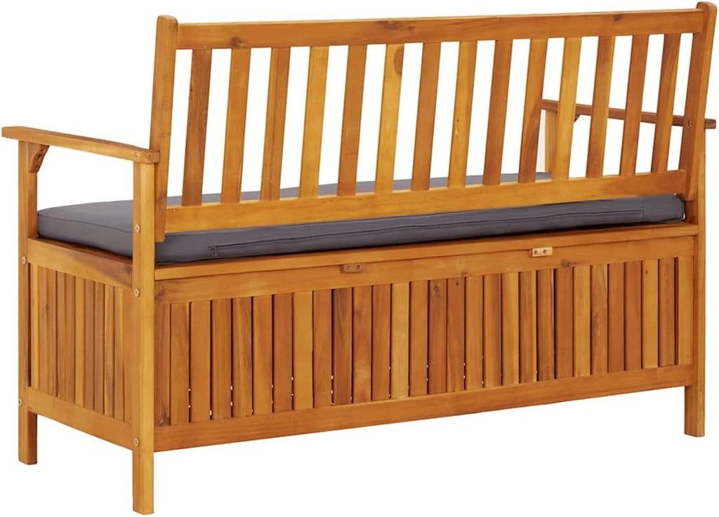 Gecheer Garden Storage Bench 120 cm – Solid Acacia Wood Outdoor Patio Bench with Large Under-Seat Storage Compartment and Dark Grey Cushion