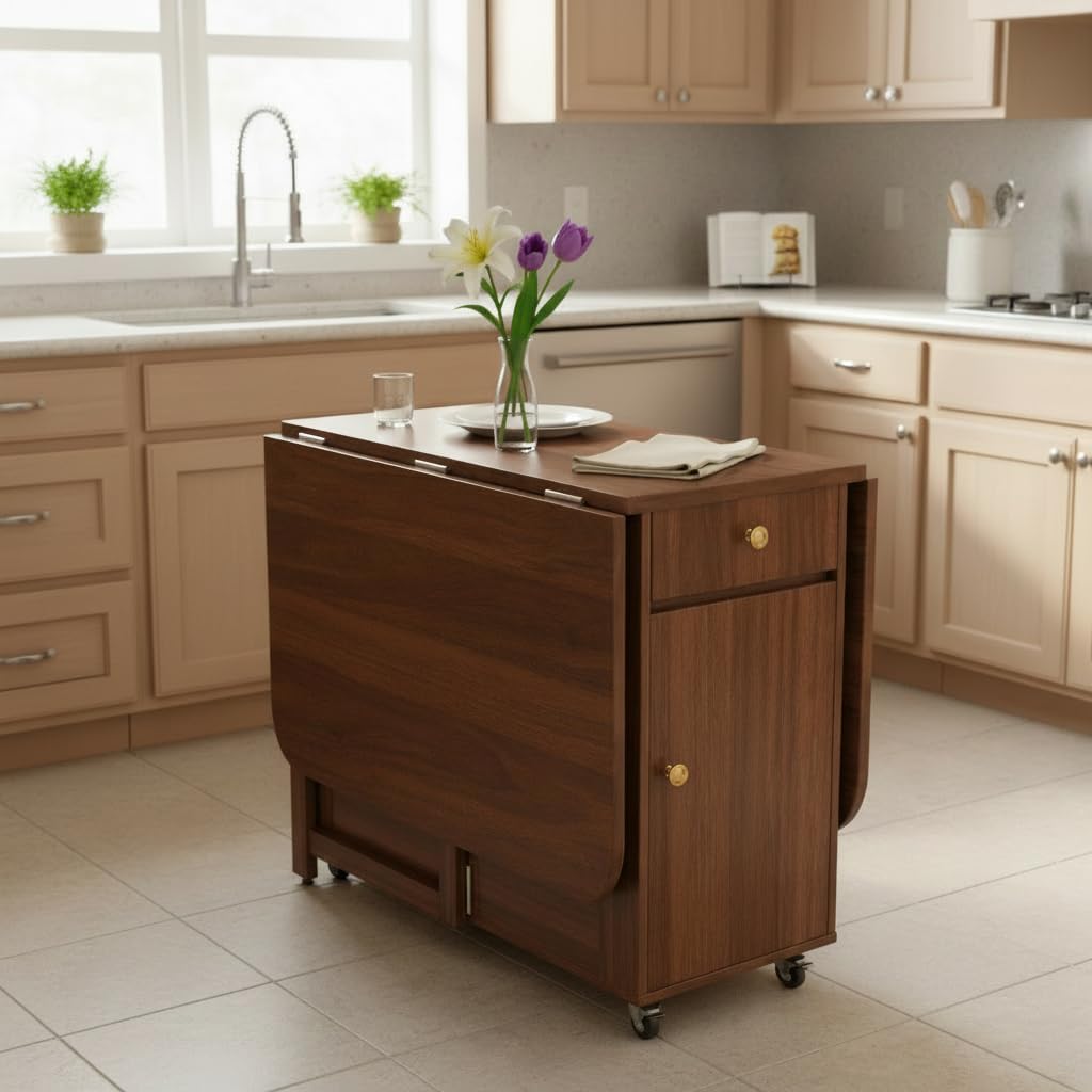 Small Folding Dining Table - 51" Fully Assembled Drop Leaf Table 4-6 Seater with Storage and Lockable Wheels, Space-Saving for Kitchen or Dining Room (Walnut)
