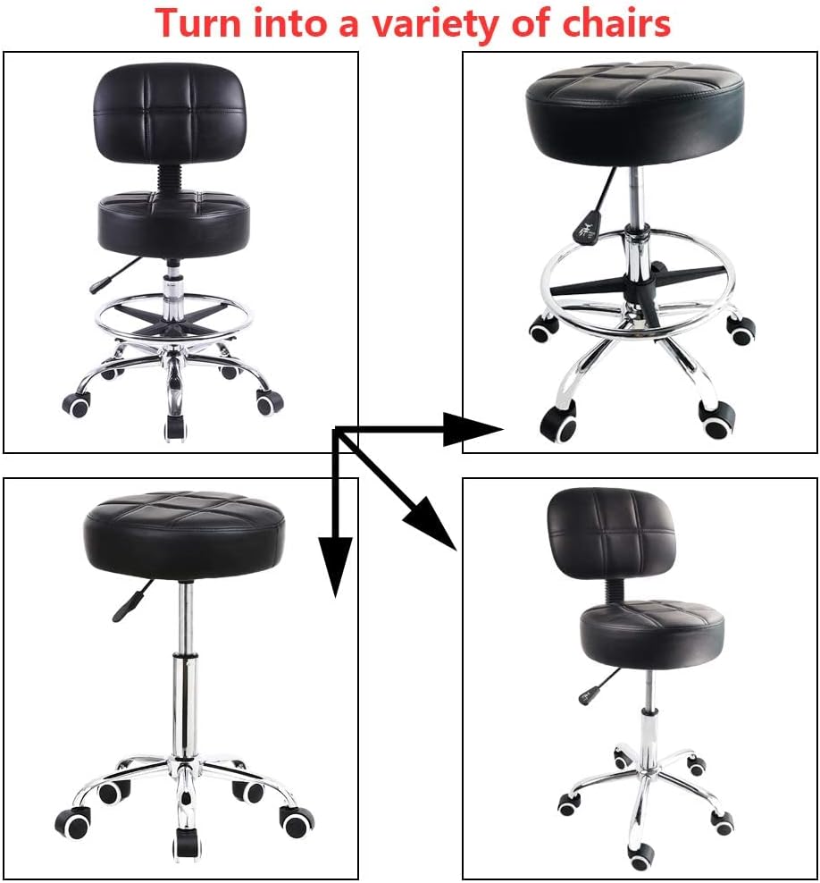KKTONER Swivel Round Rolling Stool PU Leather with Adjustable Foot Rest Height Adjustable Task Work Drafting Chair with Back (Black)