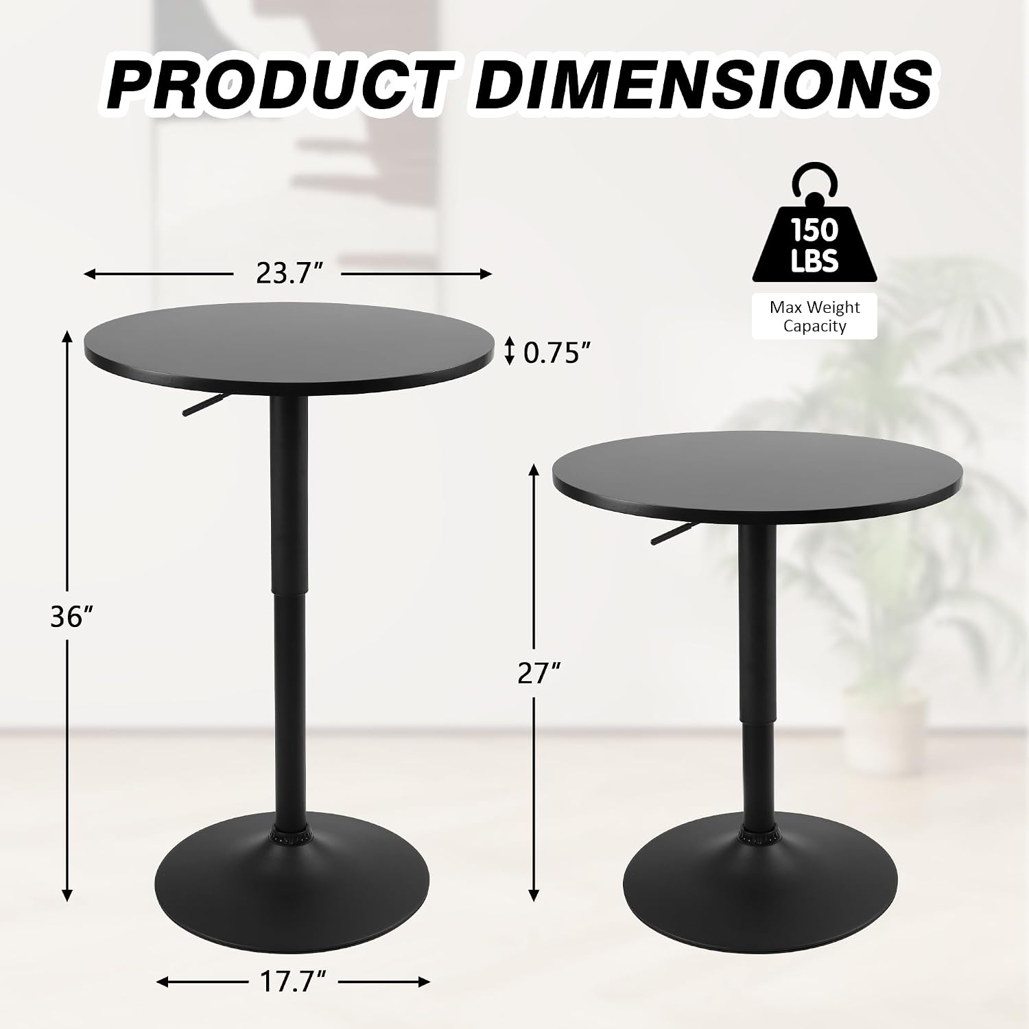 NOBPEINT Round Pub Table, Height Adjustable Bar Table, 360 Swivel Top, Cocktail Table with Black Metal Base for Bar, Bistro, Café, Full Black
