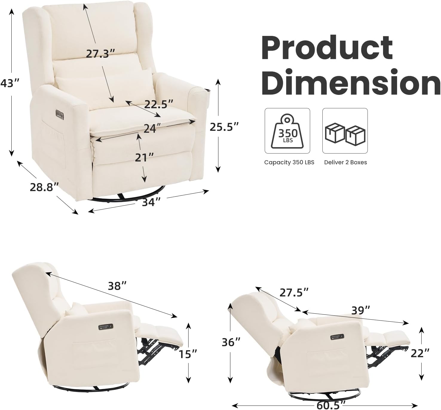 Oversized Swivel Rocker Recliner with Lumbar Cushion, Power Recliner Nursery Chair with Adjustable Headrest, Nursery Glider Recliner for Living Room, White