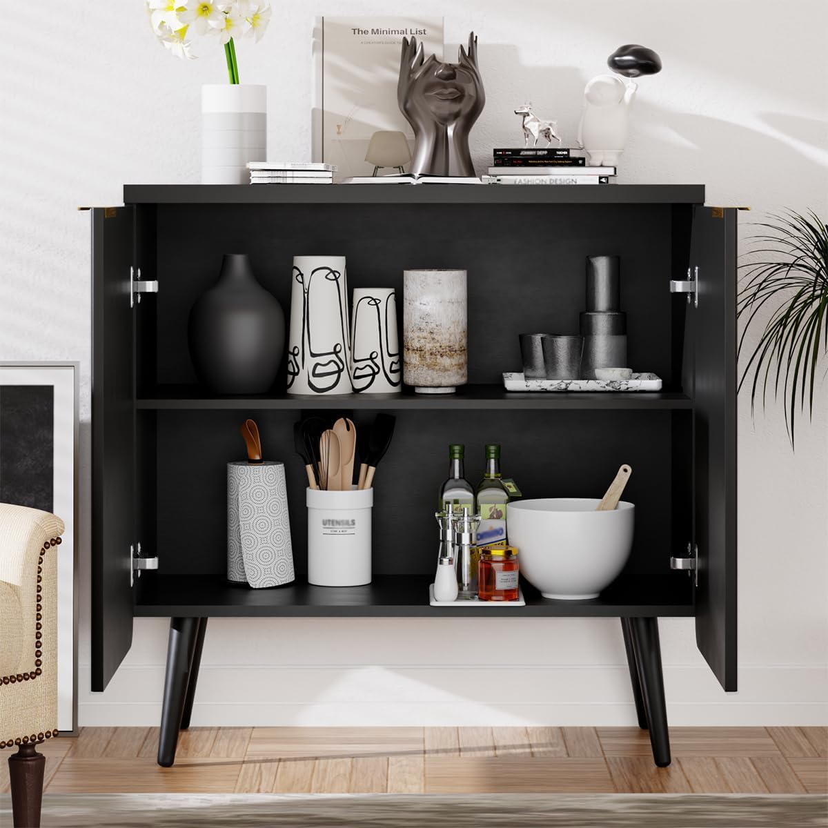 Wood Fluted Sideboard with 2 Doors, Modern Buffet Cabinet with Shelves, Multi-Space Storage Credenza Kitchen for Entryway, Dining & Living Room, Black