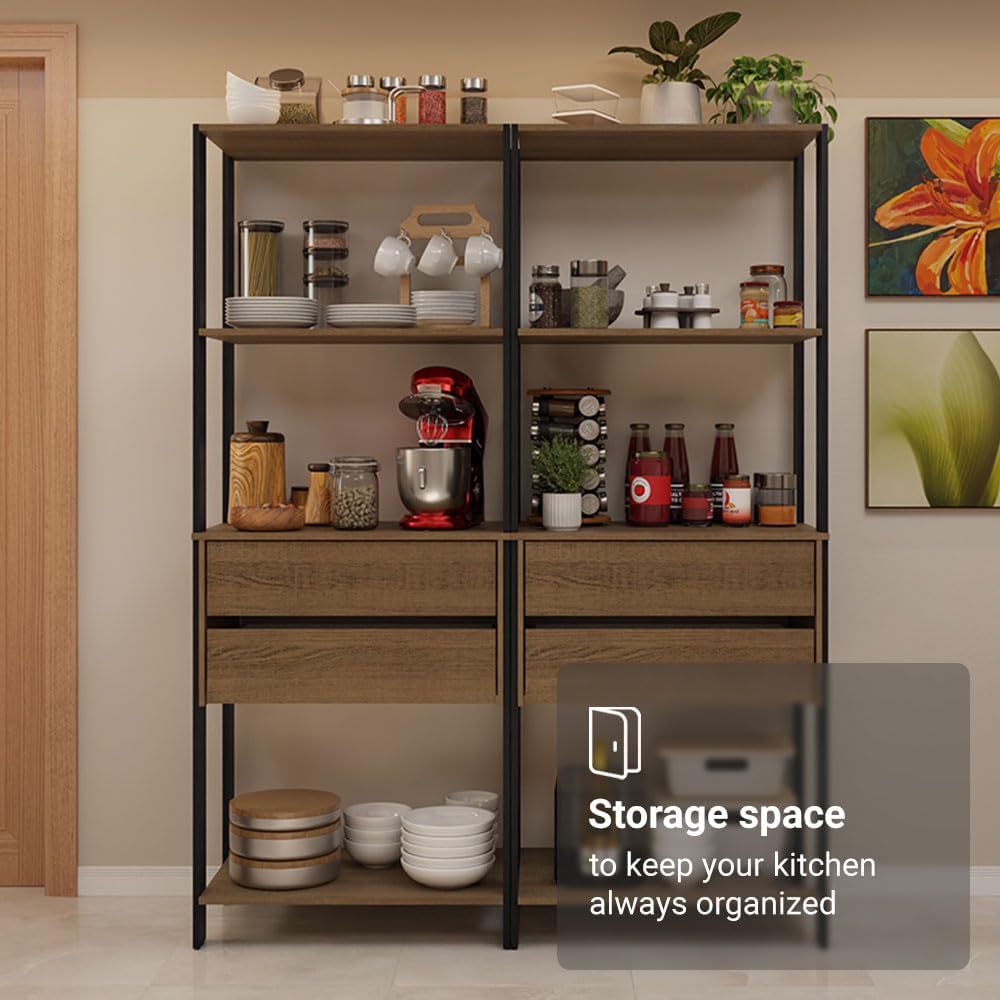 Madesa Kitchen Pantry Storage Rack with 4 Drawers and 6 Open Shelves 55" L Multiuse Modular Cabinet for Kitchen Organization - Black/Brown