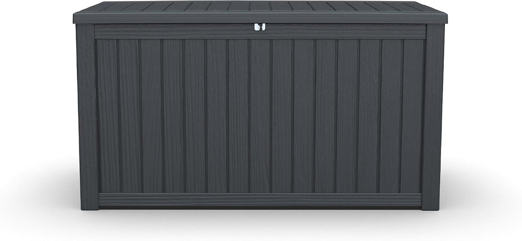 XXL Deck Box Outdoor Storage, Large Waterproof Resin Patio Furniture Cushion Organizer, Heavy Duty Lockable Garden Bench with Double-Wall Construction, Wood Grain Black (180, Gallons)