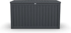 XXL Deck Box Outdoor Storage, Large Waterproof Resin Patio Furniture Cushion Organizer, Heavy Duty Lockable Garden Bench with Double-Wall Construction, Wood Grain Black (180, Gallons)