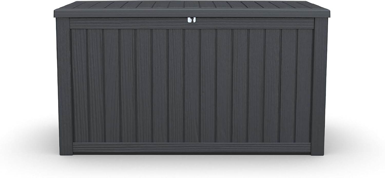 XXL Deck Box Outdoor Storage, Large Waterproof Resin Patio Furniture Cushion Organizer, Heavy Duty Lockable Garden Bench with Double-Wall Construction, Wood Grain Black (180, Gallons)