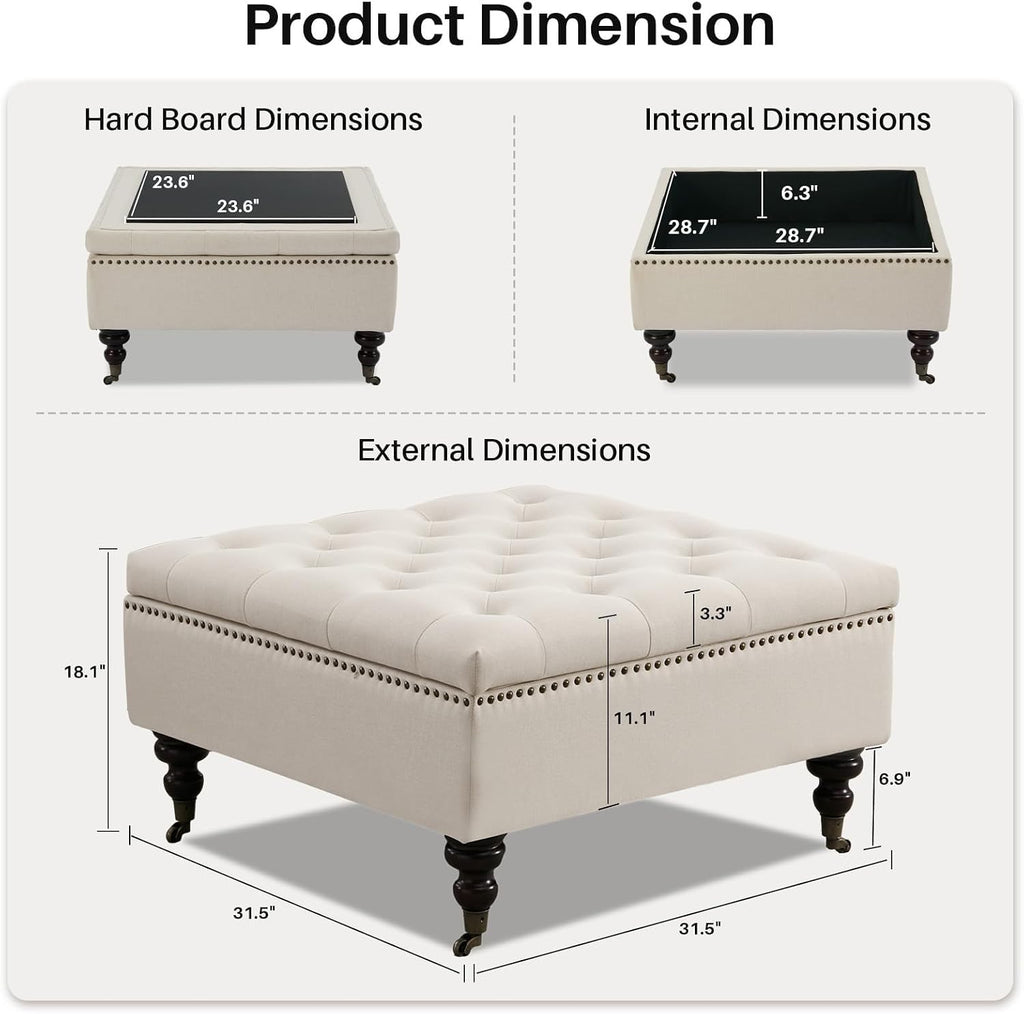 4-in-1 Square Storage Ottoman Bench with Rolling Wheels,Large Ottoman with Storage,Upholstered Coffee Table for Living Room/Bedroom,Beige