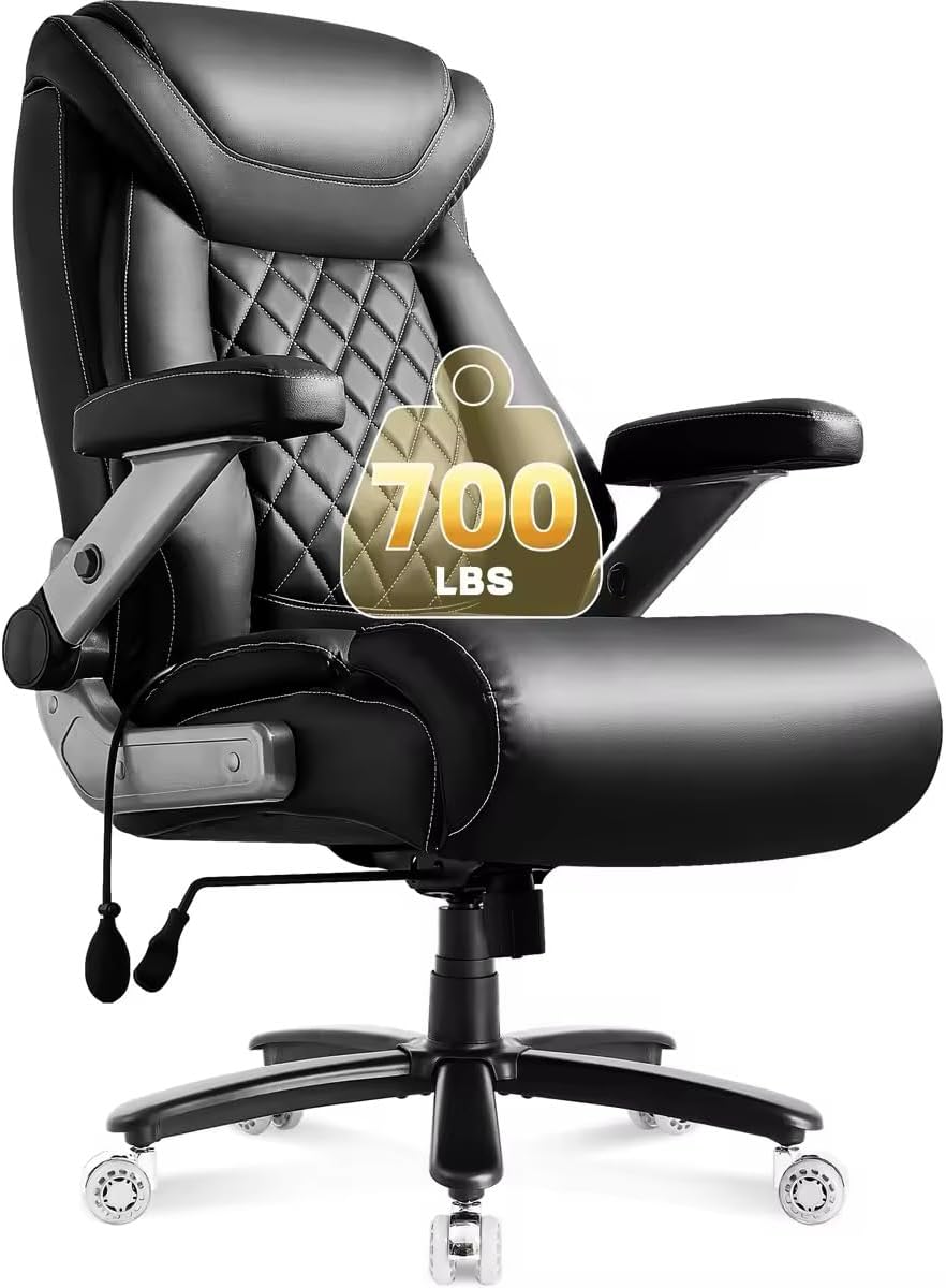 700lbs Big and Tall Office Chair, Ergonomic Heavy Duty Executive Cloth Office Chair with 5D Flip Arms & Adjustable Lumbar Support & Dual Rubber Wheel, Large Thick Padded Extra Wide Seat, Black