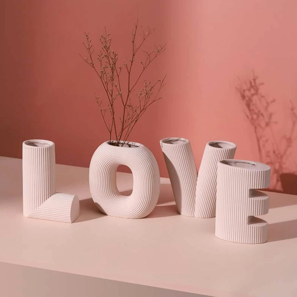 4-Piece Pink Ceramic Modern Minimalist Decorative Love Letter Vases Set, Wedding Party Home Decor