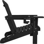 SERWALL Folding Adirondack Chair, Dual Cup Holders, Wood-Like Patio Chair for Backyard, Camping，Pool & Fire Pit- Black