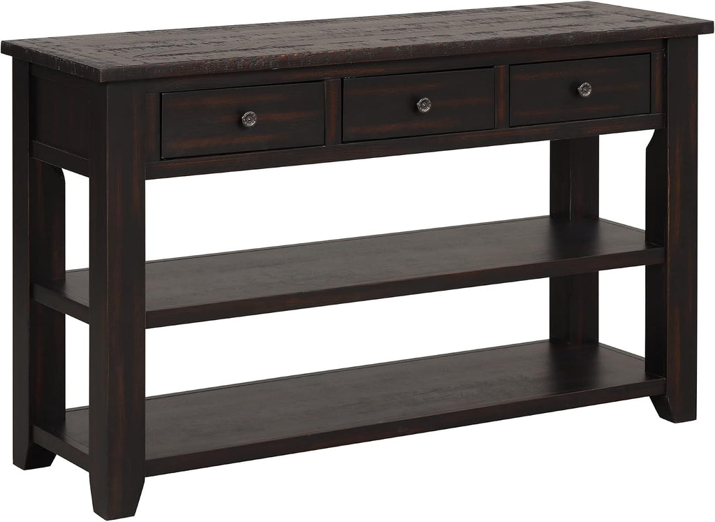 RuiSiSi 48” Console Table with 3 Drawers and 2 Shelves, Farmhouse Wood Sofa Table for Living Room, Entryway, Hallway, Distressed Black