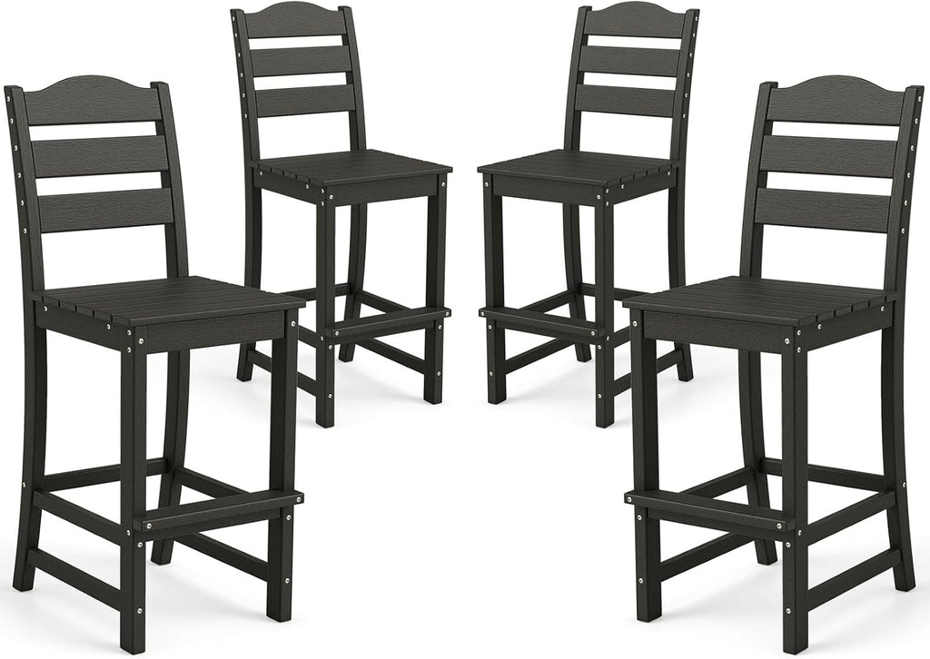 Tangkula Patio HDPE Barstool, Outdoor High Top Bar Chair w/Backrest & Footrest, All-Weather Wood-Plastic Bar Height Chair for Poolside, Backyard, Porch (4, Black)