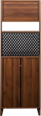 71" Kitchen Hutch Cabinet with Storage Pantry Storage Cabinet with Striped Glass Doors, Pegboard, Open Shelf and Countertop, Cupboard for Kitchen Dining Room, Walnut