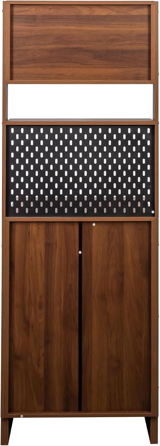 71" Kitchen Hutch Cabinet with Storage Pantry Storage Cabinet with Striped Glass Doors, Pegboard, Open Shelf and Countertop, Cupboard for Kitchen Dining Room, Walnut